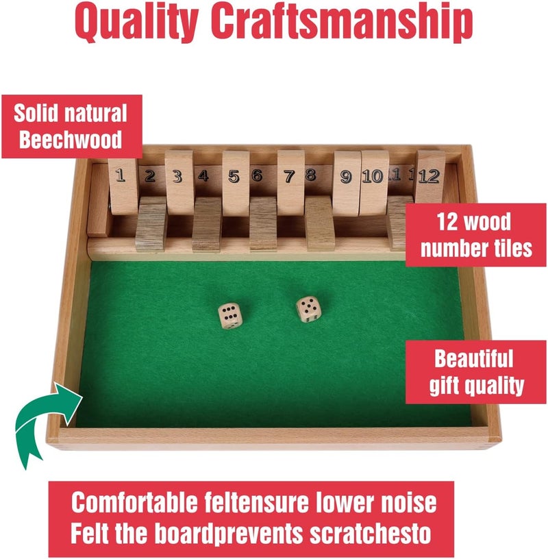 GOTHINK Shut The Box - Table Math Game with 12 Inch Wooden Board for Adults & Kids - 12 Spots Dice Game with 2+ Player Games, Includes 2 Dice, Ideal for Game Night, Travel, Classroom - (Ages 6+) - Image 5